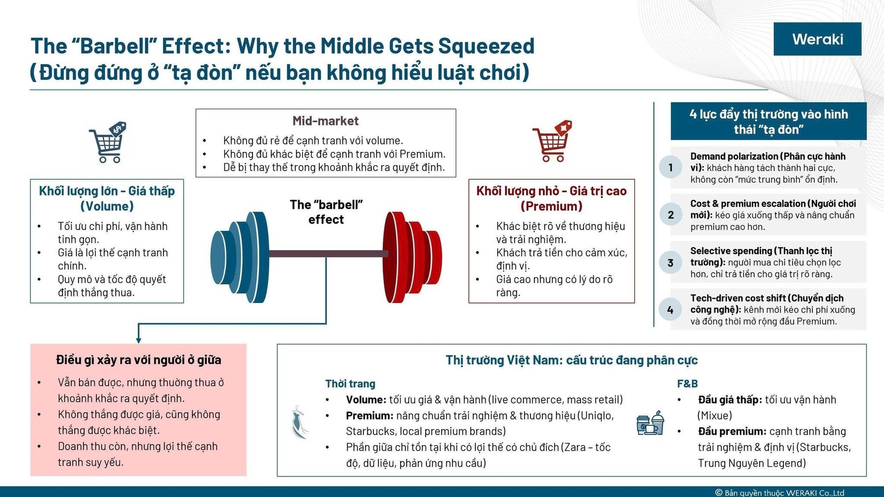 Infographic hiệu ứng tạ đòn. Bên trái là đầu khối lượng lớn, giá thấp: tối ưu chi phí, giá là lợi thế chính. Bên phải là đầu khối lượng nhỏ, giá trị cao: khác biệt về thương hiệu và trải nghiệm. Ở giữa là phân khúc trung bình: không đủ rẻ, không đủ khác biệt, dễ bị thay thế. Bên cạnh là bốn lực đẩy thị trường vào hình thái tạ đòn và ví dụ thời trang, F&B tại Việt Nam.